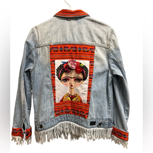 Frida Kahlo Upcycled Denim Jean Jacket with Fringe like new - Picture 1 of 9